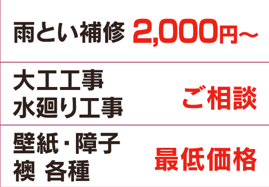 雨とい補習2,000円 大工工事水廻り工事御相談 壁紙・障子・襖 各種 最低価格