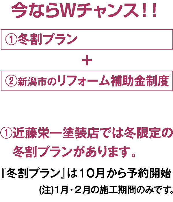 今ならWチャンス!①冬割プラン+②新潟市のリフォーム補助金制度 ①近藤栄一塗装店では冬限定の冬割プランがあります。『冬割プラン』は10月から予約開始(注)1月2月の施工期間のみです。